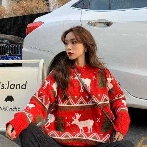 Winter 2021 New Retro Christmas Fawn Red Illustration Outer Wear Loose Hooded Thick Sweater Girlfriend Outfit