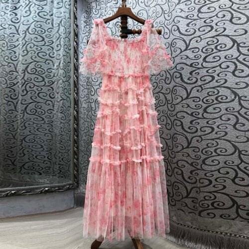 Australian fashion square collar design dress female layer wood ear stitching mesh gauze pink sweet long skirt