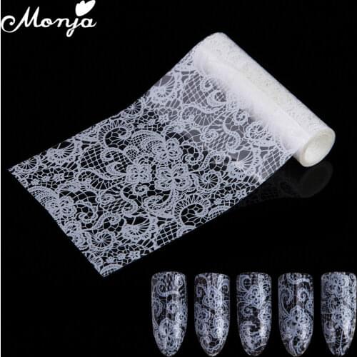 Monja Nail Art White Lace Flower Pattern Design Starry Sky Stickers Glue Transfer Decals Full Cover 3D DIY Foil Decoration