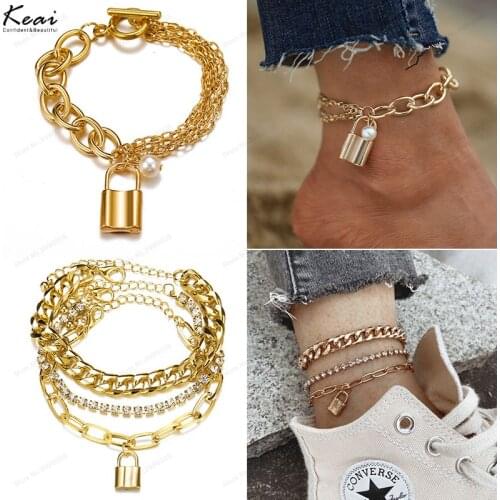 Fashion Vintage Pearl Lock Set Anklets Woman Rhinestone Anklet Beads Foot Chain Goth Bracelet On The Leg Boho Beach Jewelry Gift