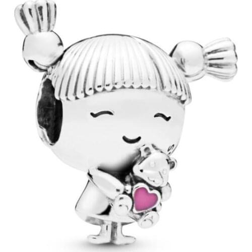 Genuine 925 Sterling Silver Bead Charm Girl With Pigtails Red Heart Beads Fit Pan Women Bracelet & Necklace Diy Jewelry