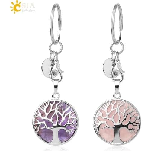 CSJA Natural Stone Original Keychains Tree of Life Keyring Silver Color Healing Crystal Car Decor Keyholder for Women Men G498