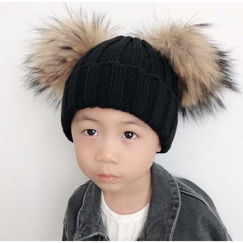 Kids Real Fur Pom Pom Hat Baby Winter Black Hat Girls Boys Knitted Beanie Double Pompom Hat For Children