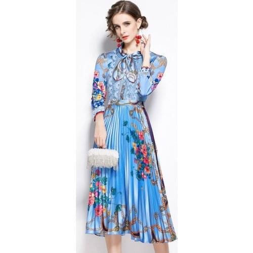 JSXDHK Autumn Pleated Midi Dress 2020 New Runway Women Flower Print Patcwhork Lace Blue Dress Fashion Bow Neck Party Dresses
