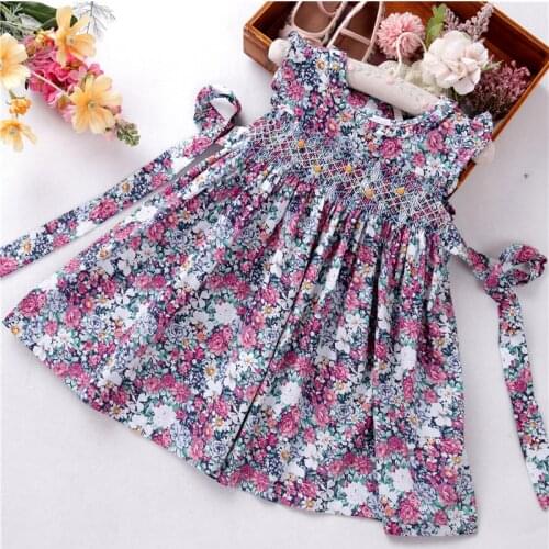 Girls dresses flower summer ruffles smocked handmade kids clothes cotton children clothes boutiques high quality