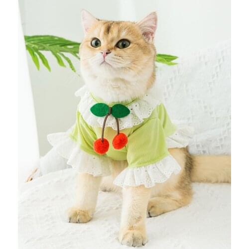 Sweet Lace Lape Collar Clothes For Dogs Cherry Decor Vest For Small Dog Girl Princesses Shirts Pet Apparel Sundress Size XS-XXL