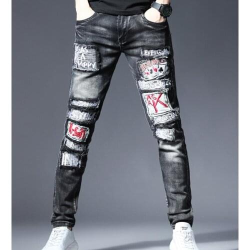 Ripped Fashion Mens Slim Destroyed Frayed Stretch Denim Pants Trousers Retro Embroidery patch Hip Hop Rock Jeans