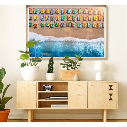 Aerial Beach Photo Wall Art Modern Coastal Print Canvas Painting Colorful Chaise-Lounges Seascape Posters for Living Room Decor