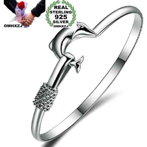 OMHXZJ Wholesale European Fashion Woman Girl Party Wedding Gift Dolphin 925 Sterling Silver Cuff Bangle BA19