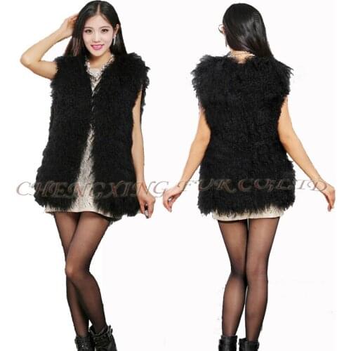 CX-G-B-83D Black Long Super Hair European Real Mongolian Lamb Fur Vest