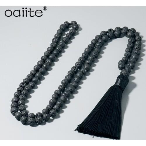OAIITE Health Mala Necklace 6mm Black Lava Volcanic Rock Stones Meditation Hand Knotted Japa Mala Beaded Tassel Necklace