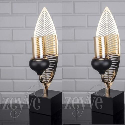 Roman Palm Candle Holder Black Gold 2li Glazed