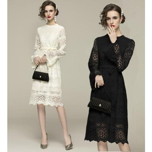 WTIANYUW Romantic A-line Lace Dresses Simple O-neck Solid Wild Hollow Out Flare Sleeves Knee-length Dress Women Party Belt Dress
