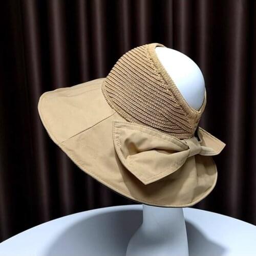 2021 New Empty Top Bow Wide Brim Womens Straw Hats Summer Sun Hats For Women Lady Beach Hats Foldable Sunscreen Flat