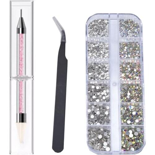 Swarovsk 6 sizes of crystal nail art rhinestones and transparent crystal rhinestones with tweezer and rhinestone pick-point pens