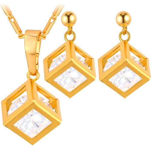 Collare Crystal Women Jewelry Sets Hollow Square Gold Color Cubic Zirconia Wholesale Earrings Necklace Sets S184