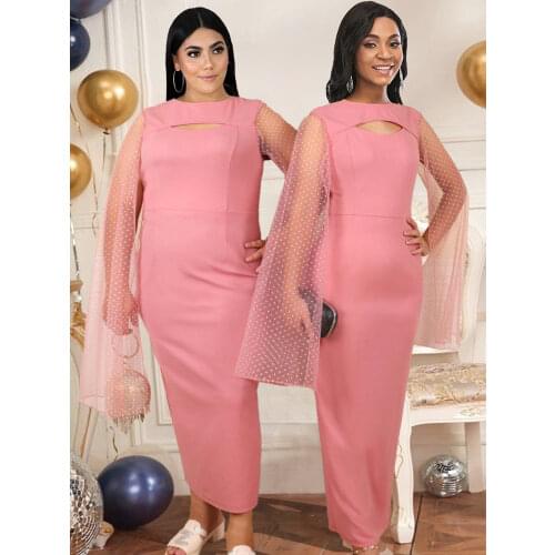 Women Pink Dresses Patchwork Mesh Sleeves Hollow Out Plus Size Elegant Fashion 4XL Evening Party Night Out Robe 2021 Summer New