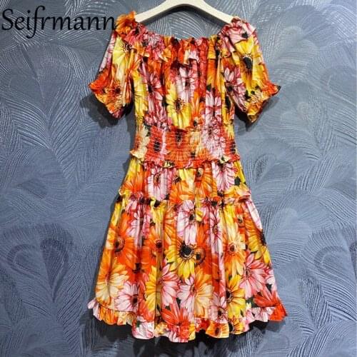Seifrmann New 2021 Summer Women Fashion Runway Short Dress Sexy Slash neck Gorgeous Ruffles Floral Print Elegant Cotton Dresses