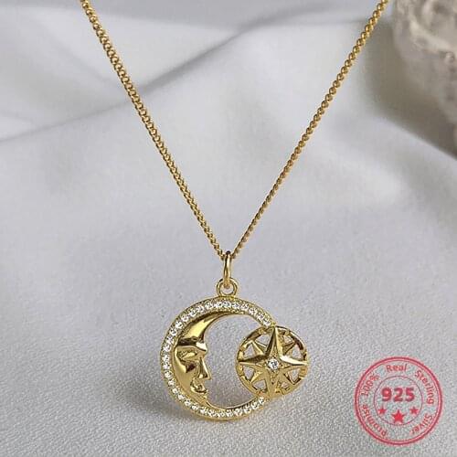 Silver 925 Jewelry Necklace For Women Simple Fashion Star and Moon Pendant Necklaces Womens Exclusive Jewelry