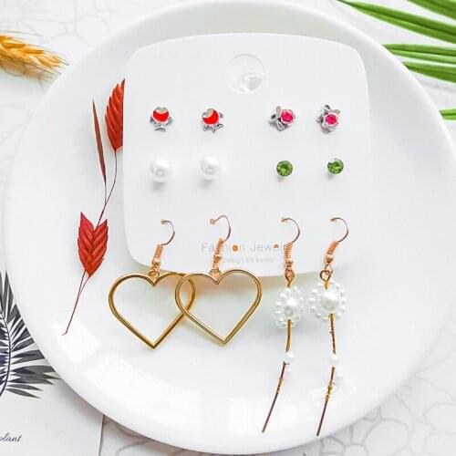 6 Pairs/Set Metal Heart Pearl Flower Dangle Earrings Set Womens Vintage Crystal Stud Earrings for Women Trend Jewelry Handmade