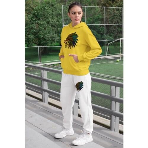 Angemiel Wear Feather Indian Crossbones Women Tracksuit Set Yellow Hooded Sweatshirt White Sweatpants