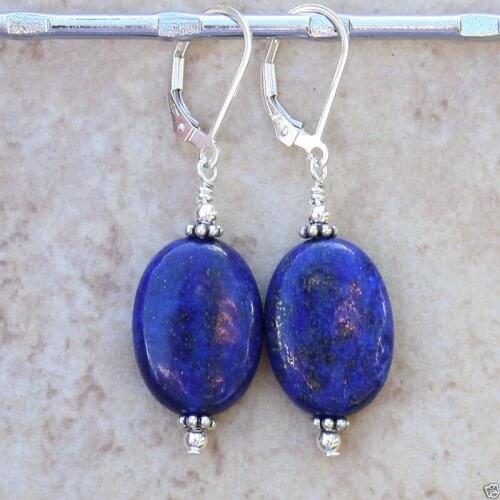 Free shipping Vintage Natural 13x18mm Indigo Lapis lazuli Sterling Silver Leverback Earrings 6.09