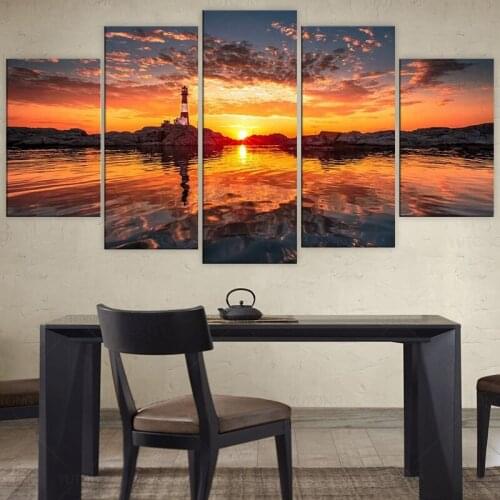 Large 5 Piece Canvas Wall Art Lighthouse at Sunset Nature Scenic Pictures Printed on Canvas Contemporary Giclee Artwork Framed