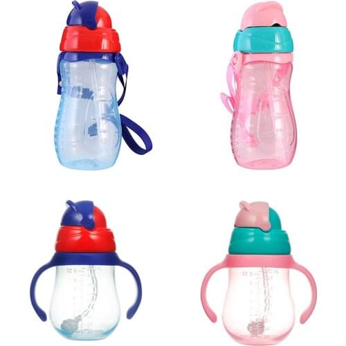 260ML/330ML Baby Cartoon Drinking Water Bottle with Cup Strap Straw Leakproof Water Bottle PP Children Leakproof Training Bottle