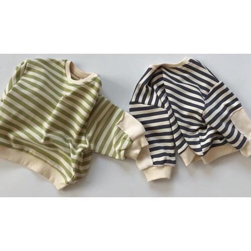 2021 childrens autumn dress Korean new top men and girls fashionable stripes loose patch wool ring cotton wei clothing