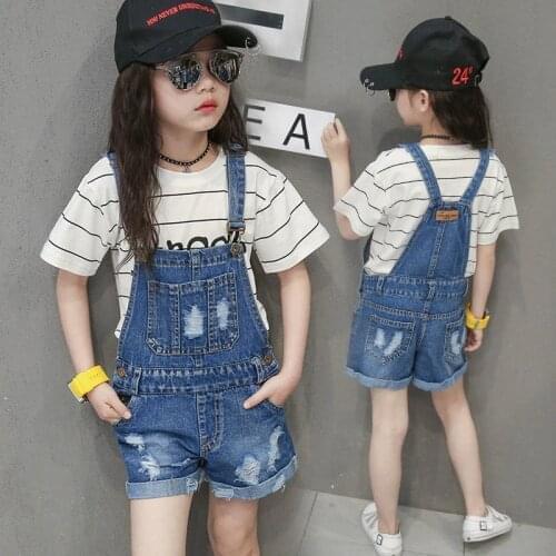 Girls denim overalls 2019 summer kids cowboy strap hot shorts children Korean belt pants 2 to 16 years child hole jeans clothes