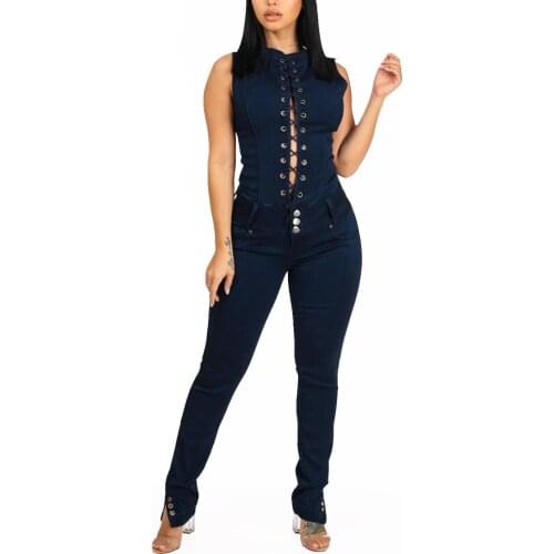 Denim Jumpsuit Women Sexy Lace Up Office Workers Club Jeans Overalls Rompers