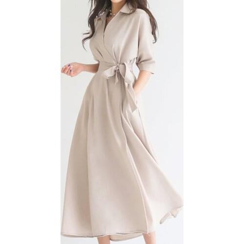 Elegant Dress Women Solid Turn Down Collar One-Piece Dress Korean Female Clothes New Summer 2020 Office Lady Work Dresses Women