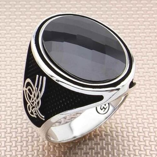 Faceted Black Zircon Stone Men Ring Ottoman Tughra Style Jewelry Vintage Sultans Accessories 925 Sterling Silver