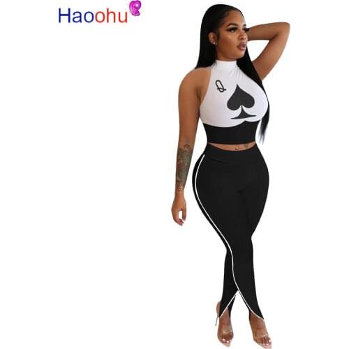 HAOOHU Sexy Black Poker Two Piece Pant Set Women Sleeveless Patchwork Crop Top And Long Pant Suits Fitness Outfits