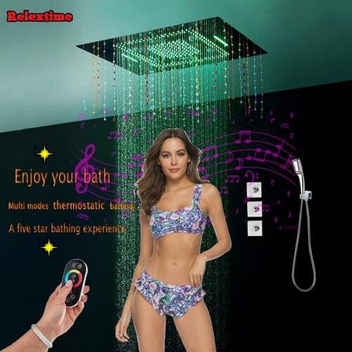 Crystal Pendant Bluetooth Music LED Ceiling Shower Head Waterfall large-flow Bathroom Concealed Shower Set Thermostatic Faucet