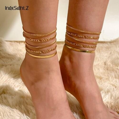 IngeSight.Z 5Pcs/Set Simple Flat Blade Snake Chain Anklets Summer Beach Barefoot Sandals Anklets Bracelets On Foot Ankle Jewelry