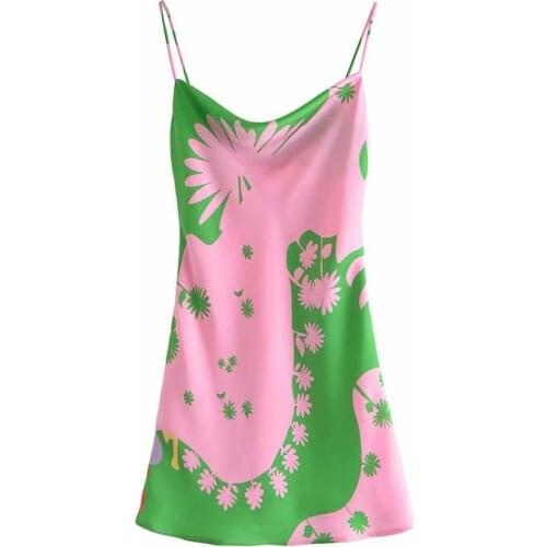 Summer Women Slip Dress Pink Satin Dress Woman Green Print Backless sexy Strap Mini Sundress Beach Ladies light Dresses 2021