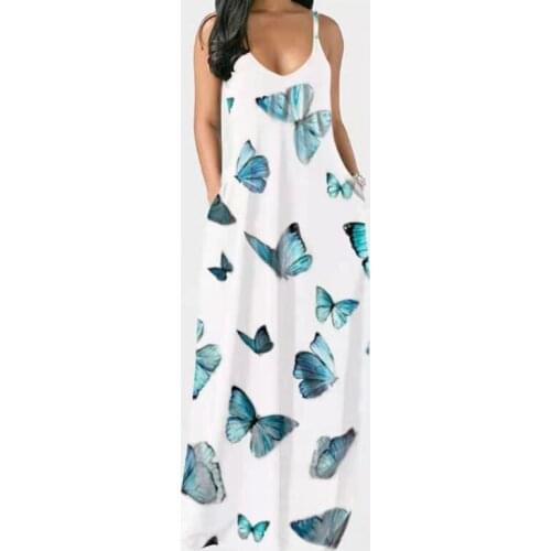 Fashion Womens Loose Summer Sleeveless Casual Print Pocket Sling Dress Soft Ankle Length Beach Female Dress
