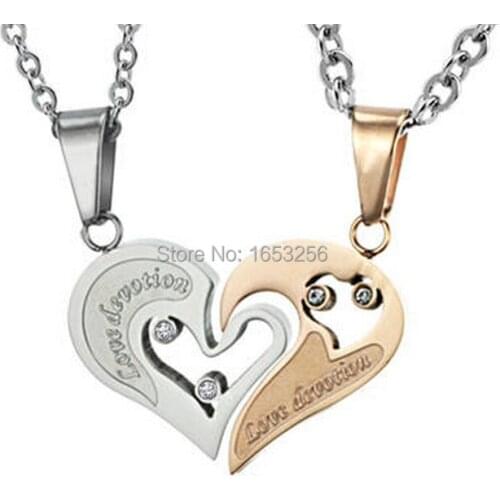 N537 Pair of Gold stainless steel CRYSTAL His & Hers Couples Gift Heart Pendant Love Necklace Free Chain for Lovers Gifts