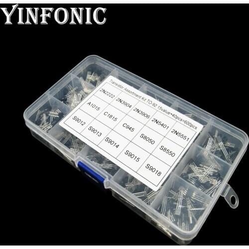 15 values x 40pcs transistor kit box TO-92 2N2222 2N3904 2N3906 2N5401 2N5551 A1015 C1815 C945 S8050 S8550 S9012-9015 S9018