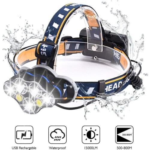 Headlamp 5 Led Bulbs Super Bright Led Headlamp Rechargeable Usb 8 Lamp Mode Ipx4 Outdoor Waterproof With Two 18650 Batteries