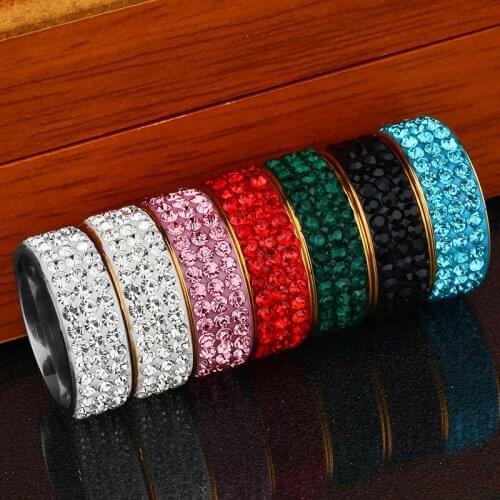Wholesale 3 row Crystal Rings for Women Bling Crystal Colorful Ring Stainless Steel Bijoux For Women Wedding Party Jewelry Gifts