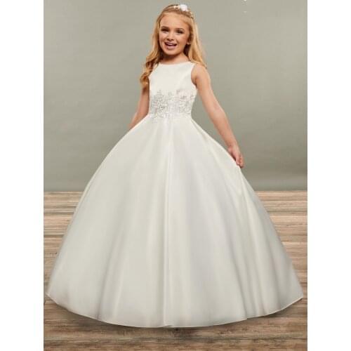 Round Neckline Flower Girl Dress Sweep Train Formal Eucharist Dinner Dresses Tulle Appliques Girl Birthday Party Ceremony Ball