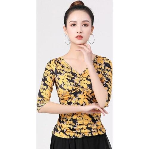 Latin Dance Tops Summer Mid-sleeve Female Adult V-neck Modern Dance Professional Competition Dancing Clothes Practice Clothing