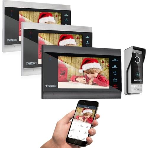 TMEZON 7 Inch Wireless/Wifi Smart IP Video Door Phone Intercom System with 3 Night Vision Monitor + 1 Rainproof Doorbell Camera