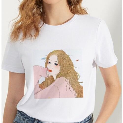 2019 New summer Hand drawn pretty girl Printed t shirt women Casual Short Sleeve O-Neck t-shirt White Thin section TShirt Tops