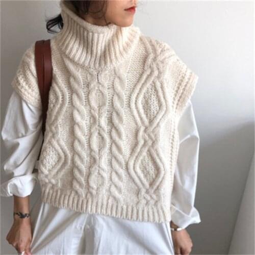 Beige Sleeveless Turtleneck Women Thick Knited Shrug Sweaters Casual Loose Oversized Autumn Winter Pullovers Jumpers