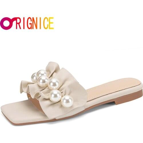 Orignice 2021 Sweet Pearl Ruffles Women Sandals Square Peep Toe Genuine Leather Flats Slippers Fashion Casual Comfortable Shoes