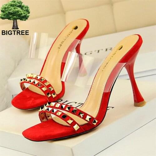 BIGTREE Retro Metal Rivets Open Toe Slipper Womens Sexy Transparent A-Word Buckle High Heels 9cm Party Slippers Women Flock