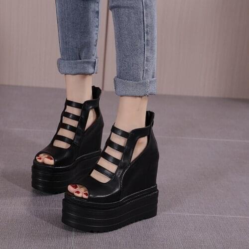 Height 14cm High Heels Platform Wedges Sandals Woman With Cross Straps Gothic Punk Style Gladiator Shoes Peep Toe On Sale
